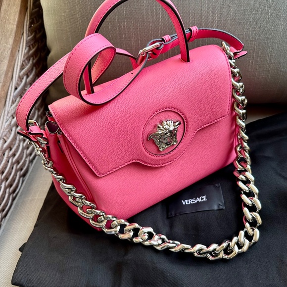 Versace Top Handle Bag FlamingoPink La Medusa Vitello Leather Crossbody Tags NEW - Picture 13 of 13